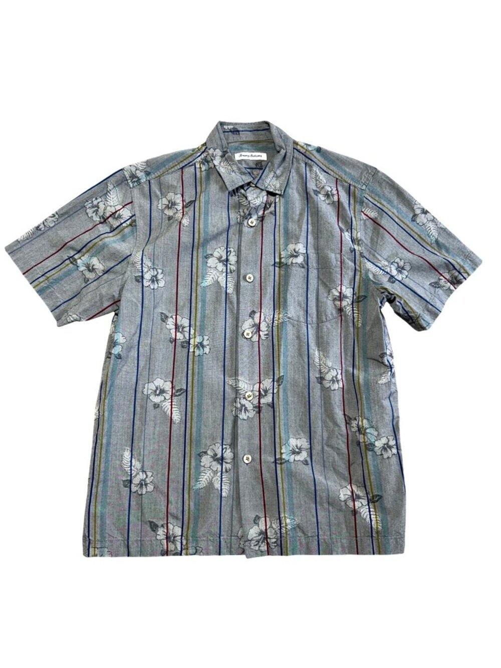 Tommy Bahama Mens Sz M Floral Stripe Button-Up Shirt Gray Silk Cotton